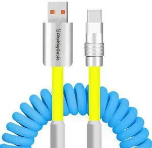 Curly Chubby New Spring Charge Cable Spiral Braid Fast Charging Cable Phones Tablet Coiled USB C Charger Cable Cord USB-C to USB A Cable Blue+Yellow USB-A to Type-C 2.29FT-3.6FT