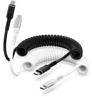 4FT Coiled USB C to USB C Cable Retractable 2-Pack USB C Fast Charging Cable Car Short Coiled Type C Cable for iPhone 16e/16/16 Pro/15/15 Plus/15 Pro Galaxy S24/S23/S22 and More Type C Devices