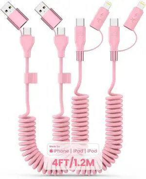 Coiled USB C and Lightning Cable 2-in-1 [2-Pack] 60W USB-C to Lightning Cable for Car Type C to USBC Fast Charging Multi Charger Cord for Cell Phones/Tablets Support CarPlay & Android Auto Pink