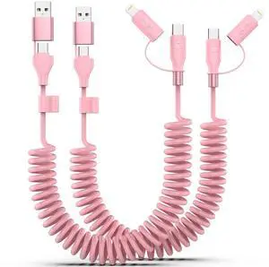 2 Pack Coiled USB-C and Lightning Cable 2-in-1 3FT iPhone 15 16 Car Charger Cord 60W Fast Charging Cable for iPhone 16  Galaxy Supports  CarPlay & Android Auto (Pink)
