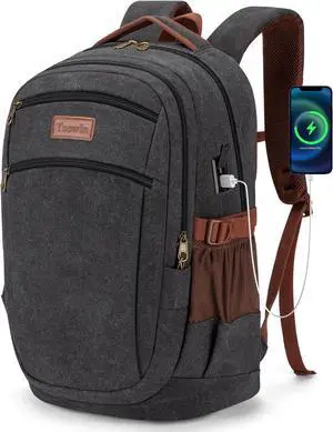 Vintage Canvas Laptop Backpack for Men and Women College Travel Work Rucksack with USB/Type-C Charging Port Lightweight Bookbag Hiking Casual Daypack Backpacks Fit 15.6 Inch Notebook(Black)