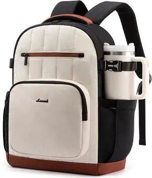 Laptop Backpack Women with Pouch Pocket for Large Capacity Cup 15.6 Inch Lightweight Puffer Computer Laptop Bag Travel Backpack Purse for Work College Teacher Personal Item Black-White-Brown
