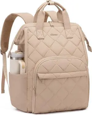 Laptop Backpack for Women Puffer Quilted Computer Bag for Travel Work Business Casual Daypack for Teacher Nurse 15.6 Inch Khaki