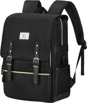 Vintage Laptop Backpack for Women Men 15.6 inch Bookbag Casual Daypack with USB Charging Port for College Work All Black Backpacks