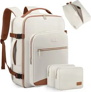 Travel Backpack for Women Men as Personal Item Flight Approved 40L Luggage Carry On Backpack 17.3inch Large Daypack Laptop Backpack Waterproof Outdoor Sports with 3 Packing Cubes Beige-Brown