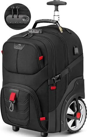 Rolling Bag with Wheels 17 Inch Extra Large Laptop Roller Backpack for Adults with Anti Theft Lock & USB Charging Port Water Resistant Wheeled Bag Carry On Luggage for Teacher Work Travel Men