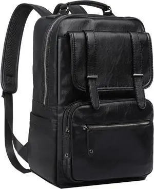 Black Leather Backpack for Men Waterproof Fit 15.6 inch Laptop Backpack Work Commute Casual Daypack