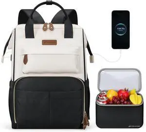 Travel Backpack for Women Men Laptop Backpack Fits 15.6-17.3 Inch Laptop Nurse/Teacher/Work Bag with Insulated Lunch Box Water Resistant Carry On Backpack Black-Beige