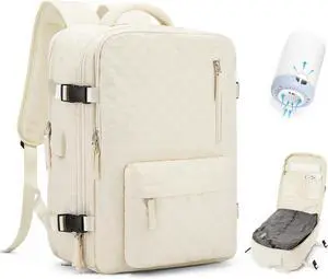 Vacuum Travel Backpack with Pump for Women Airback Personal Item Carry on Backpacks Flight Approved 18x14x8 inches for Men Laptop Waterproof Work Compression bags Casual Daypack Beige.