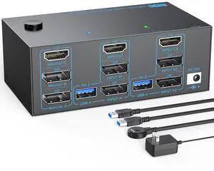 8K KVM Switch 3 Monitors 2 Computers Triple Monitor 2 Displayport 1.4 and HDMI 2.1 USB 3.0 KVM Switches DP 1.4 Supports 8K@30Hz/4K@144Hz HDMI Supports Max 8K@60Hz /4K@120Hz with Wired Remote Control
