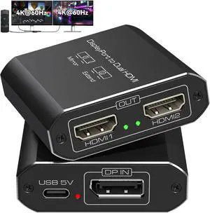 4K@60Hz Displayport to Dual HDMI Adapter Display Port to 2 HDMI Splitter Extended for Double Screen DisplayPort 1.2 to 2HDMI Dongle for Computer Graphics Cards Support MST & SST Mode