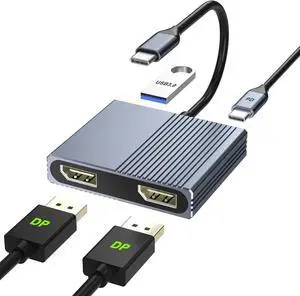 Display Port Splitter for Dual Monitors 4K@60Hz USB C to Dual DisplayPort Adapter for /HP/Mac Laptops Type C to Display Port Multiport with USB3.0/PD Dual Monitor Adapter Displayport MST Hub