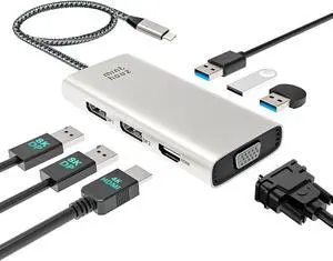 USB-C Docking Station 7-in-1 Quad Display Laptop Multiport Adapter 4K HDMI Dual 8K DP VGA 3×USB2.0 Ports & USB Dongle for MacBook Pro/Air iPad Pro iMac iPhone 16 Pro/Pro Max ThinkPad