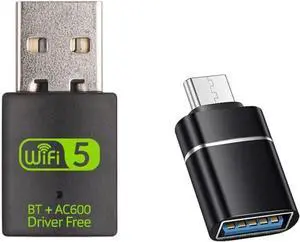 USB WiFi Adapter600Mbps WiFi Bluetooth Adapter(Includes a USB-A to Type C connectors)Dual Band 5G/2.4G Wireless Network Adapter for Desktop Laptop PCSupports Windows 7/8/8.1/10/11