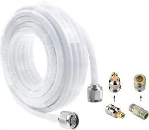 Coaxial Cable 50ft for Cell Phone Signal Booster 4D-FB N-N Extension Cell Phone Signal Booster Coax Cable Cord Wire OD6.5 N Male Ends w/Adapters 50ohm High Speed 4G LTE 5G White