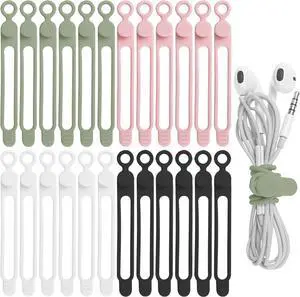 24Pcs Silicone Cable Straps Cord Organizer for Bundling Earphone Phone Charger Computer Cords Reusable Cable Ties Wire Organizer in Home Office Kitchen School (4 Colors)