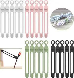 [20Park]Silicone Cable Ties Reusable Cable Management Organizer Multipurpose Elastic Cord Organizer for Bundling and Fastening Cable Cords Wires(black white pink green)