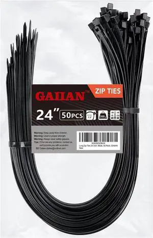 Long Zip Ties Heavy Duty 24 inch Large Zip Ties with 200 lbs Tensile Strength Big Cable Ties Black 50 Pack by
