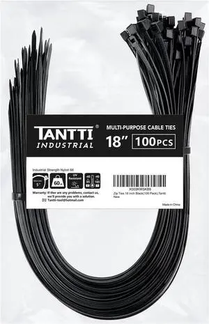 Zip Ties 18 inch (100 Pack) Black 60lb Tensile Strength UV Resistant Cable Ties for indoor and outdoor use by Tantti Supply