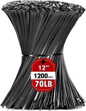 Zip Ties 1200pcs Black Cable Zip Ties 12 Inch Heavy Duty Plastic Wire Ties with 70lb Tensile Strength Self-Locking Black Nylon Tie Wraps for Indoor and Outdoor