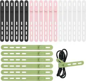 24Pcs Silicone Cable Ties - Reusable & Washable with Locking Buckle Design Adjustable Fastening Cable Straps Multi-Purpose High Elasticity Cord Organizer (4 Colors)