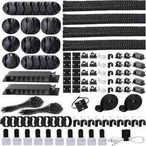 302PCS Cable Management Kit 4 Cable Sleeve 45Cable Clips 11Cable Holders 22 Roll Cable Organizer Straps and 200 Fastening Cable Ties 20 Cable Zip Tie Mounts Computer Under Desk (Black)