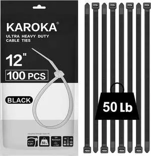 Zip Ties 12 inch (100 Pack) Black 50 lb UV Resistant Cable Ties for indoor and outdoor use by