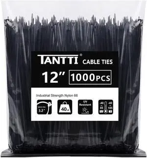 Zip Ties 12 inch Black Zip Ties 1000 pack 40lb Cable Ties Self-locking Wire ties for indoor and outdoor use by Tantti