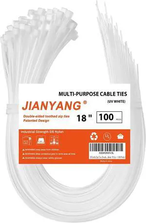 18 Inch Zip Ties Double Sided Toothed 120 LBS Tensile Strength Heavy Duty Cable Wire Ties With Self-Locking Adjustable More Durable Nylon Tie Wraps for Indoor Outdoor White100 Pack