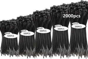 2000 PCS Zip Ties Assorted Sizes 4+6+8+10+12 Inch Self-locking Nylon Cable ties Outdoor UV Resistant Wire Straps for Home Office Garden Workshop Indoor Outdoor Fence(Black)