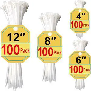 Zip Ties Assorted Sizes 4+6+8+12 Inch 400 Pack White Cable Ties for Multi-Purpose Nylon/Plastic Wire Ties for Home Improvement Office & Outdoor Use (Clear-Colored Style).