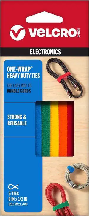 ONE-WRAP Ties | Cable Management Wires & Cords | Self Gripping Cable Ties Reusable | 5 Ct - 8 x 1/2 | Multi-color