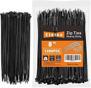8 Inch Black Zip Ties (1200 Pack) 35 LBS Tensile Strength Self-Locking Nylon PA66 UV Resistant Cable Ties for Indoor and Outdoor Use