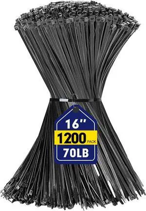 Zip Ties 1200pcs Black Cable Zip Ties 16 Inch Heavy Duty Plastic Wire Ties with 70lb Tensile Strength Self-Locking Black Nylon Tie Wraps for Indoor and Outdoor