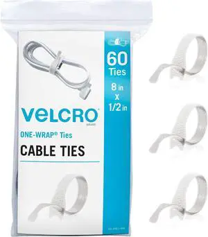 White Cable Ties Heavy Duty | 60Pc Bulk Pack | 8 x 1/2 ONE-WRAP Straps | Strong Reusable Wire Management | Cord Bundling for Home Office and Data Centers (Packaging May Vary)