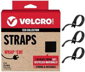 ECO Collection | 5 Inch Small Straps for Cords | Reusable Cable Ties | 3/8 Wide Black 50 Pack