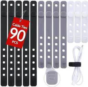 90Pcs Silicone Cable Ties with 3 Sizes Reusable and Washable with Adjustable Locking Buckle Design Cord Organizer for Home Office Travel Essential School (3 Colors)