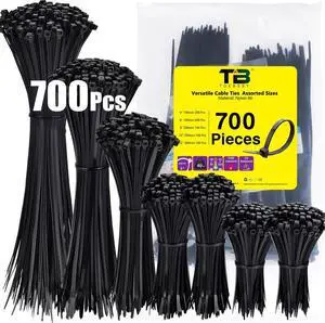 Zip Ties Assorted Sizes 700 Pack Black Assorted Sizes 12+10+8+6+3.6 Inch Multi-Purpose Self Locking Nylon Cable Cord Management Plastic Wire Ties for Home Office Garden Workshop. By