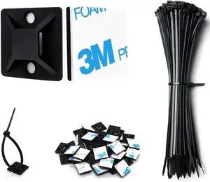 Strong Back-Glue Self Adhesive Cable Zip Tie Mounts Kit - 100 Set Cable Management Clips with 6 Zip Ties Wire Holders - Outdoor Sticky Wire Organizer Clips-Black