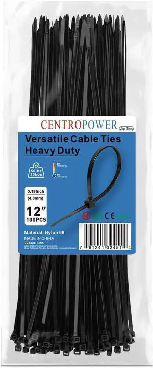 Zip Ties 12 Inch 100 Pack Heavy Duty 50 Lbs Tensile Strength - UV Resistant Self-Locking Black Nylon Cable Ties for Indoor and Outdoor Cable Management