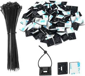 Zip Tie Mounts - 100PCS Cable Self Adhesive Mounts Set for Wire Management with Stick Pads Anchors Clips Squares Holders (Black)