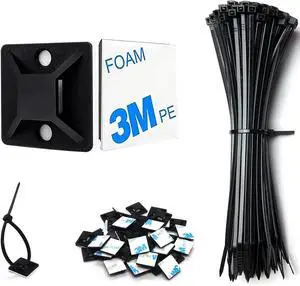 50 Set Cable Zip Tie Self Adhesive Mounts Kit with 6 Zip Ties 3/4 Wire Holders Squares Screws - Sticky Wire Fasteners Cable Clips Management Anchors Organizer