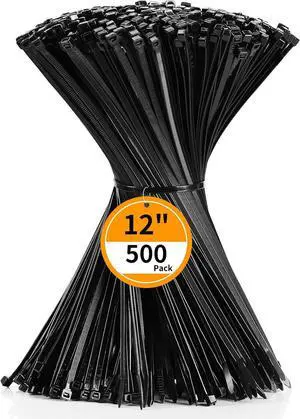 Cable Zip Ties 12 inch 500 Pack Black Zip Ties Heavy Duty 50lbs Tensile Strength Plastic Zip Ties for Outdoor and Indoor Multi-Purpose Cable Ties Self-Locking UV Resistant Wire Ties Wraps