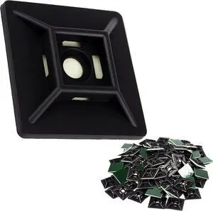 Zip Tie Adhesive-Backed Mounts 100Pk. Professional-Grade UV Black Cable Tie Bases 1.1 x 1.1. Screw-Hole Anchor Point Provides Optimal Strength for Long-Term Durability & Use and Clutter-Free Cables.