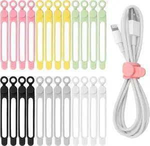 24 PCS Silicone Cable Ties Reusable Cord Ties for Electrical Cords Multipurpose Elastic Cord Organizer Straps for Bundling Fastening Charging Cords Earphone Cable (6 Colors)