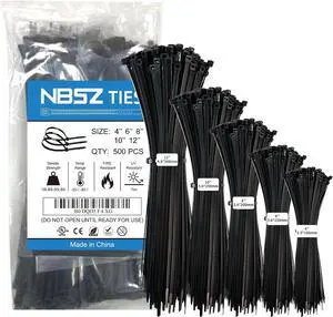 NBSZ Heavy-Duty Electrical Cable Ties Sizes (4/6/8/10/12 Inch 500Pack) Black UV-Resistant Nylon Self-Locking Zip Ties Heavy Duty Wraps for Cord Management Home Office Workshop & Gardening