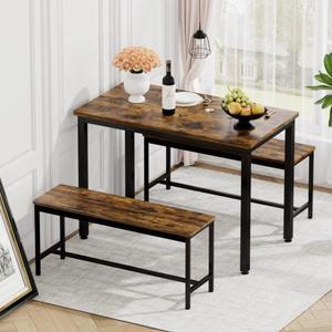Dining Table Set, Bar Table with 2 Dining Benches, Kitchen Table Counter with Chairs, Industrial for Kitchen Breakfast Table, Living Room, Party Room, Rustic Brown and Black,43.3L x23.6W x 29.9H