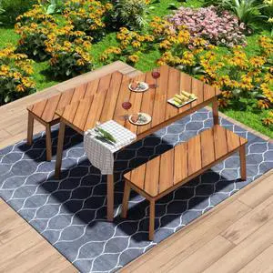 3 Pieces Acacia Wood Table Bench Dining Set For Outdoor & Indoor Furniture With 2 Benches, Picnic Beer Table for Patio, Porch, Garden, Poolside, Natural