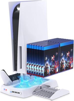 Vertical Stand with Cooling Fan for PS5  Controller and Playstation 5 Digital Edition,  Charging Station Dock with Controller Charger Ports and Retractable Game Storage for PS5 and DualSense-White