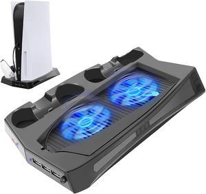 Vertical Stand with Cooling Fan for PS5 Console and Playstation 5 Digital Edition, Including 2 DualSense Controller Charging Dock and 3 USB Ports, Charging Vertical Stand Controller Black